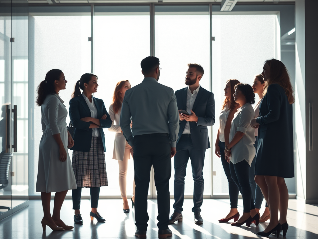 A diverse team in a modern office, engaged in collaborative discussion, with contrasting light and shadow symbolizing balance and dynamic leadership energy.