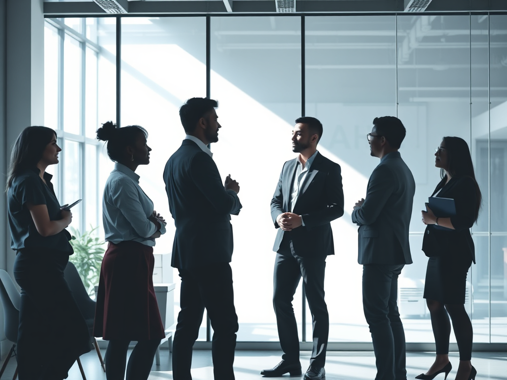 A diverse team in a modern office, engaged in collaborative discussion, with contrasting light and shadow symbolizing balance and dynamic leadership energy.