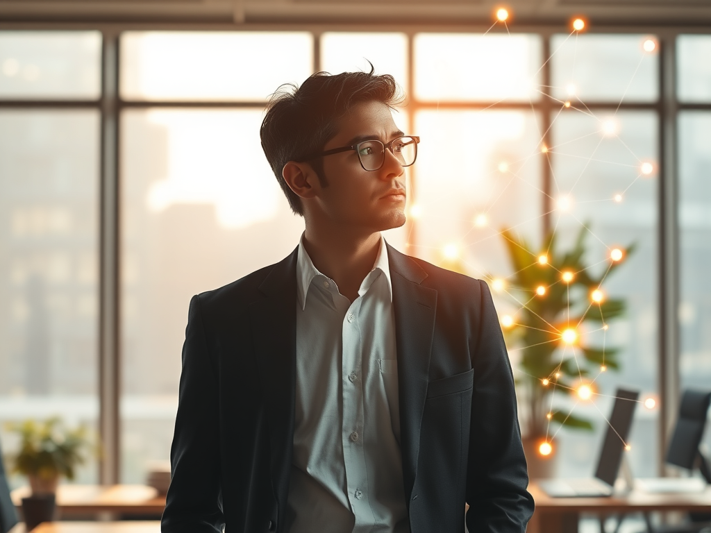 A serene office setting with a thoughtful leader gazing at a complex, glowing network of interconnected nodes symbolizing organizational dynamics and growth, soft sunlight filtering through large windows.