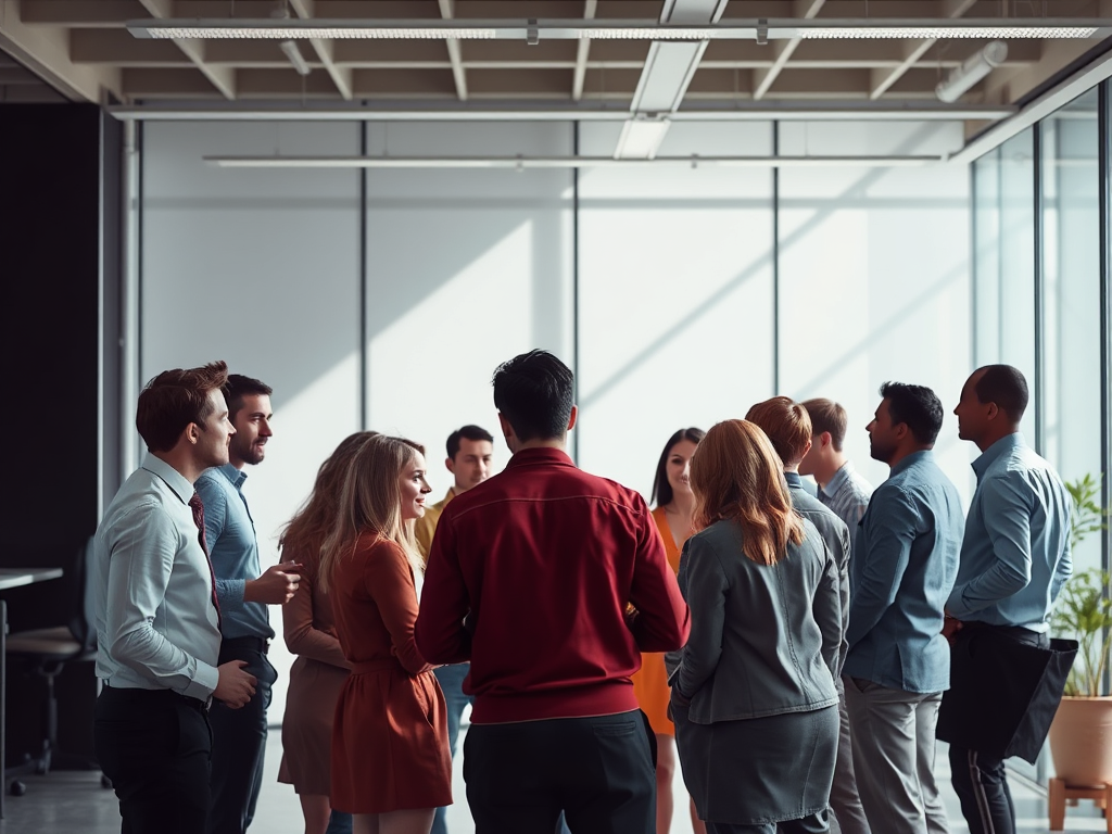 A diverse team in a modern office, engaged in collaborative discussion, with contrasting light and shadow symbolizing balance and dynamic leadership energy.