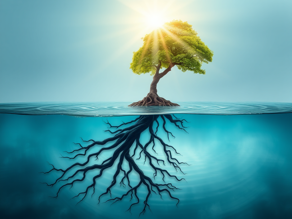 A three-tiered abstract journey symbolizing growth, "first layer with tangled roots representing hidden beliefs", "second layer shows reflective water with ripples", "top layer reveals a bright, flourishing tree with light beams".