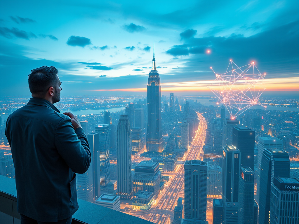 A thoughtful architect overlooking a futuristic cityscape, surrounded by transparent floating geometric structures and glowing network patterns, symbolizing strategy and balance.