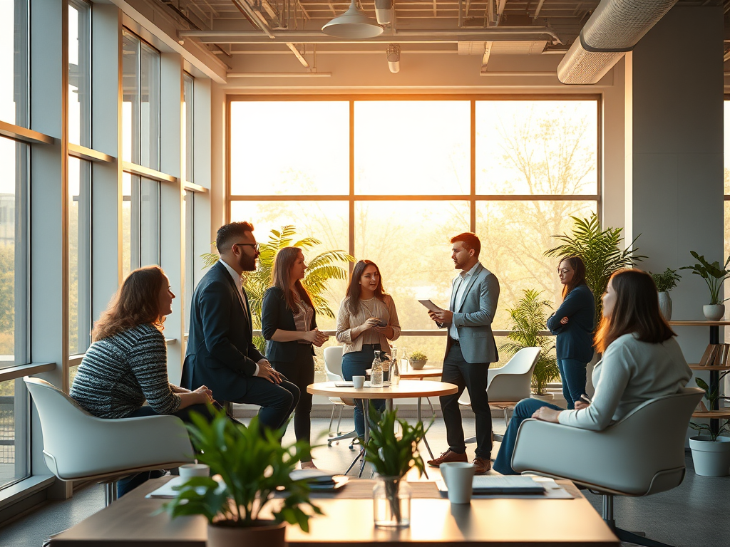 A serene modern office space with diverse professionals deeply engaged in thoughtful discussion, warm natural light streaming through large windows, subtle greenery.