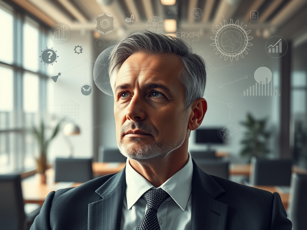 "a thoughtful business leader" "surrounded by abstract symbols of philosophy, psychology, and economics" "multiple perspectives shown as overlapping transparent layers" "deep, contemplative expression" "modern office with soft natural lighting" "subtle fu