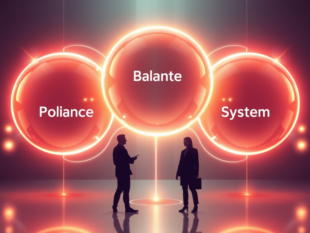 "three interconnected glowing spheres labeled conceptually as polarities, balance, system" "dynamic flow of energy connecting them" "abstract human silhouettes collaborating" "futuristic corporate environment" "soft glowing light, harmonious colors"