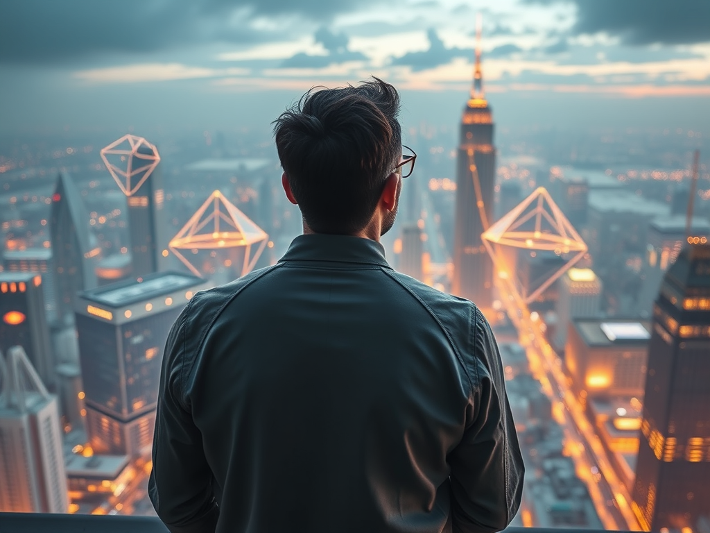 A thoughtful architect overlooking a futuristic cityscape, surrounded by transparent floating geometric structures and glowing network patterns, symbolizing strategy and balance.