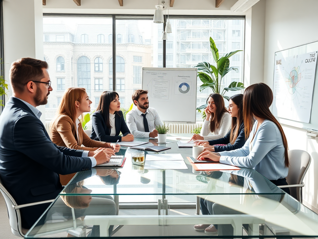 "a diverse group of professionals in a modern office" "engaged in a collaborative discussion around a glass table" "soft natural light streaming through large windows" "visible charts and diagrams on a whiteboard" "an atmosphere of focus and positive ener