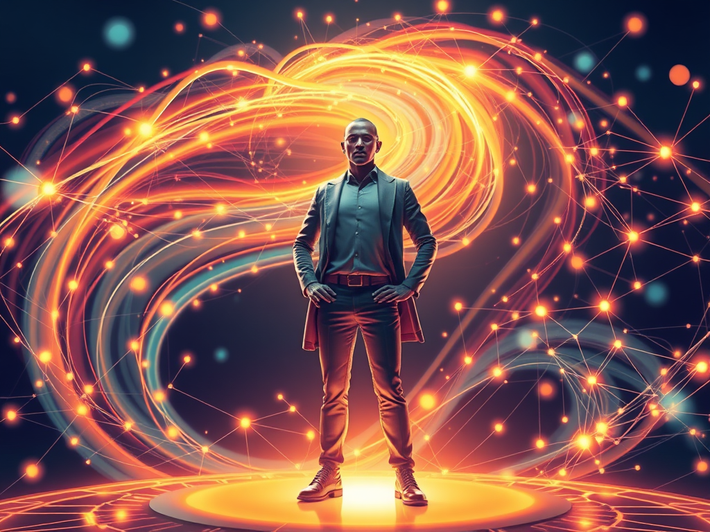 "A futuristic leader standing confidently" "surrounded by abstract swirling systems and networks" "symbolizing adaptive leadership" "complexity and transformation" "glowing connections" "dynamic flow" "sustainable growth" "modern, vibrant colors"