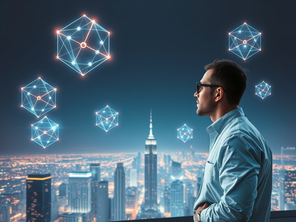 A thoughtful architect overlooking a futuristic cityscape, surrounded by transparent floating geometric structures and glowing network patterns, symbolizing strategy and balance.