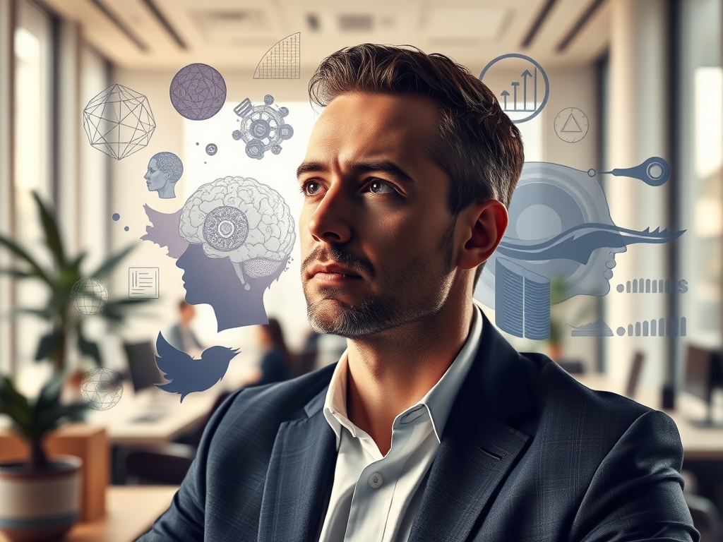 "a thoughtful business leader" "surrounded by abstract symbols of philosophy, psychology, and economics" "multiple perspectives shown as overlapping transparent layers" "deep, contemplative expression" "modern office with soft natural lighting" "subtle fu
