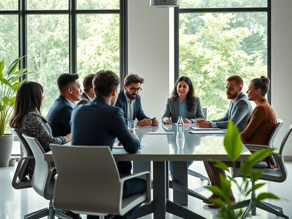 A serene professional setting with diverse leaders engaged in deep discussion around a modern conference table, bright natural light, greenery visible through large windows, subtle symbols of growth and collaboration subtly integrated.