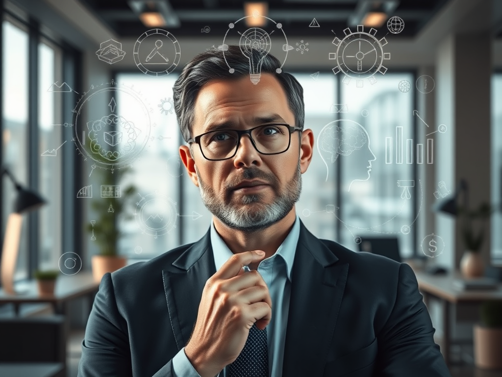 "a thoughtful business leader" "surrounded by abstract symbols of philosophy, psychology, and economics" "multiple perspectives shown as overlapping transparent layers" "deep, contemplative expression" "modern office with soft natural lighting" "subtle fu