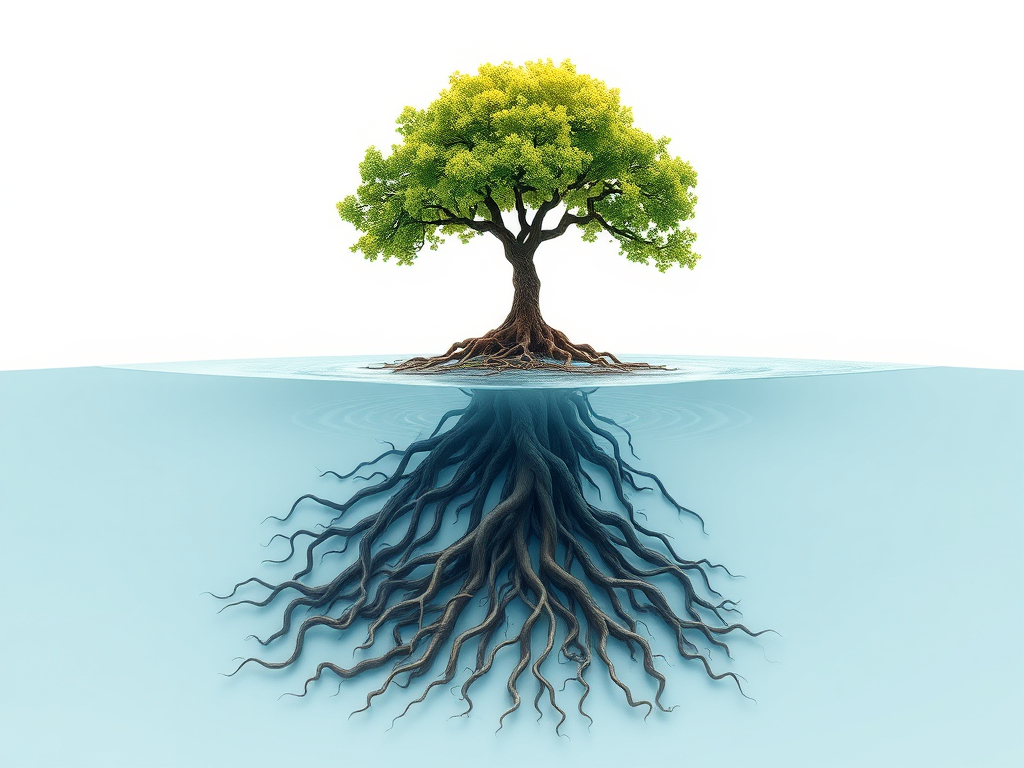 A three-tiered abstract journey symbolizing growth, "first layer with tangled roots representing hidden beliefs", "second layer shows reflective water with ripples", "top layer reveals a bright, flourishing tree with light beams".