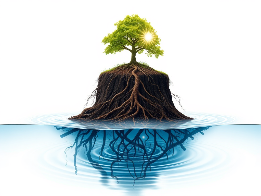 A three-tiered abstract journey symbolizing growth, "first layer with tangled roots representing hidden beliefs", "second layer shows reflective water with ripples", "top layer reveals a bright, flourishing tree with light beams".