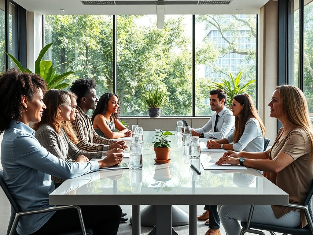 A serene professional setting with diverse leaders engaged in deep discussion around a modern conference table, bright natural light, greenery visible through large windows, subtle symbols of growth and collaboration subtly integrated.