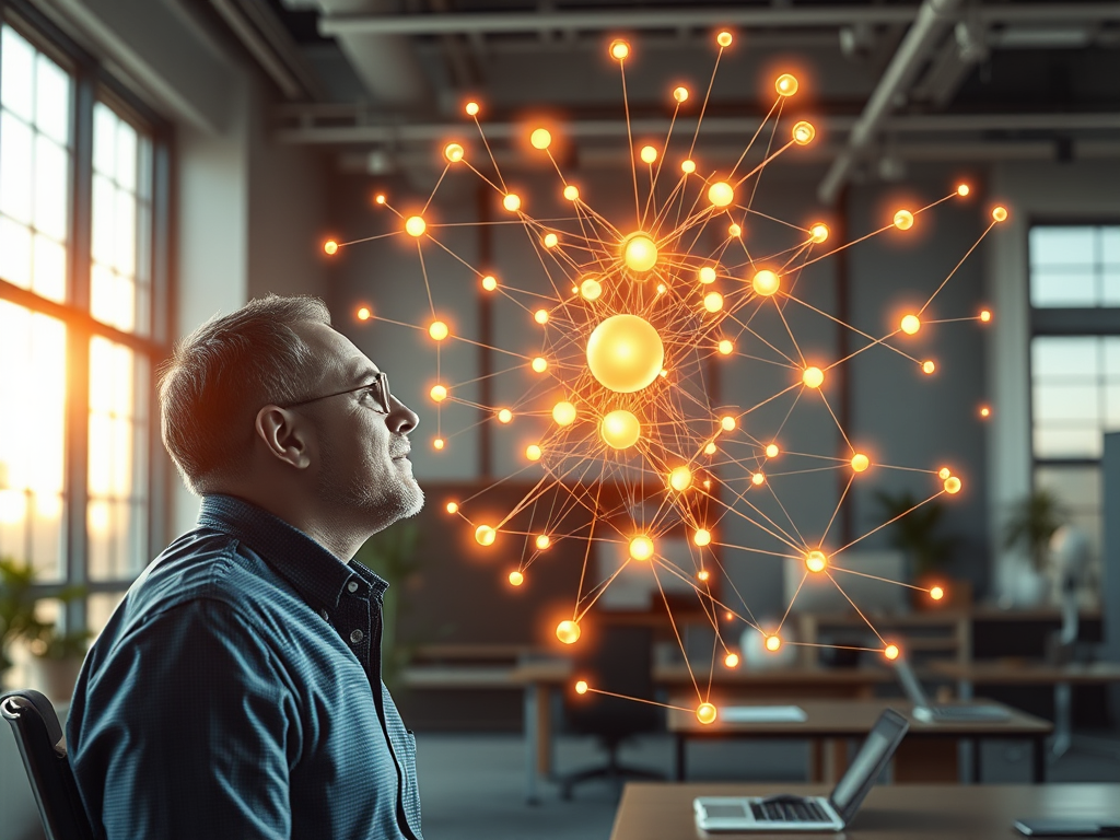 A serene office setting with a thoughtful leader gazing at a complex, glowing network of interconnected nodes symbolizing organizational dynamics and growth, soft sunlight filtering through large windows.