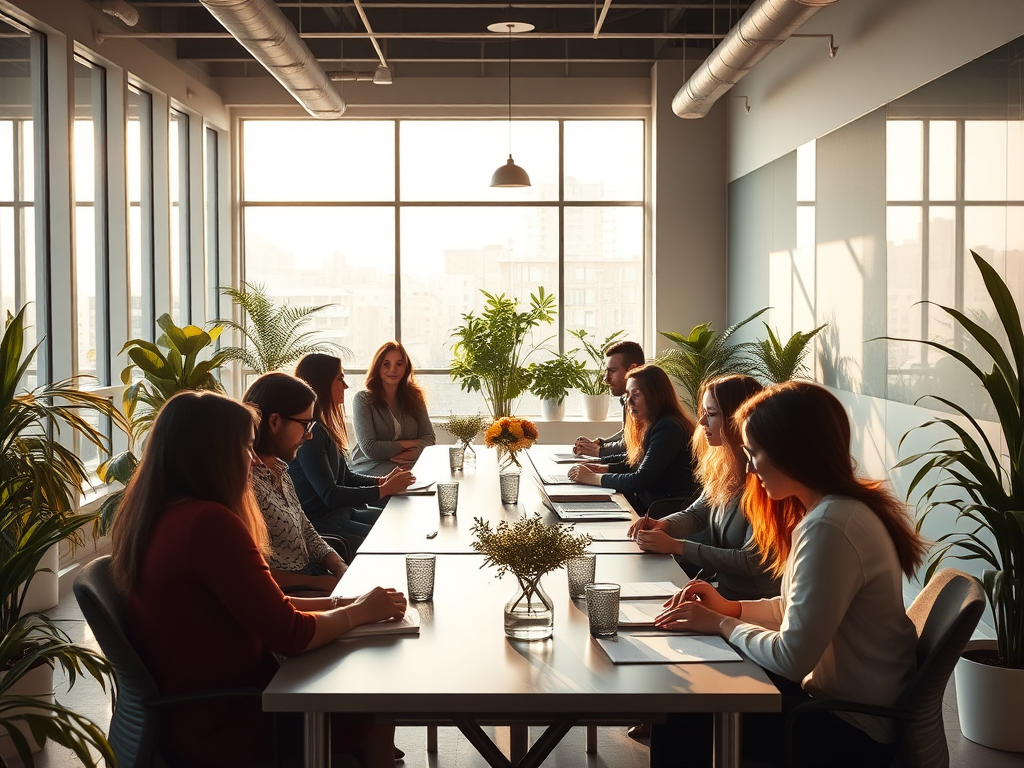 A serene modern office space with diverse professionals deeply engaged in thoughtful discussion, warm natural light streaming through large windows, subtle greenery.