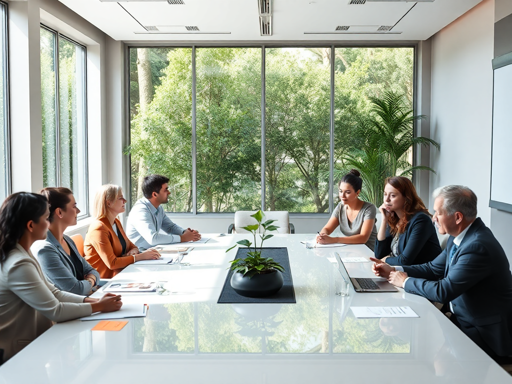 A serene professional setting with diverse leaders engaged in deep discussion around a modern conference table, bright natural light, greenery visible through large windows, subtle symbols of growth and collaboration subtly integrated.