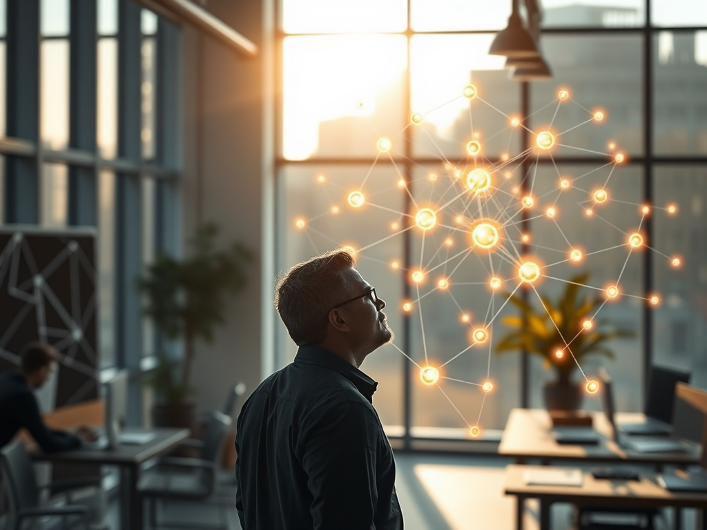 A serene office setting with a thoughtful leader gazing at a complex, glowing network of interconnected nodes symbolizing organizational dynamics and growth, soft sunlight filtering through large windows.