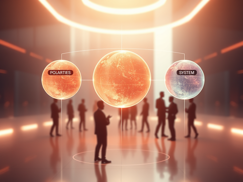 "three interconnected glowing spheres labeled conceptually as polarities, balance, system" "dynamic flow of energy connecting them" "abstract human silhouettes collaborating" "futuristic corporate environment" "soft glowing light, harmonious colors"
