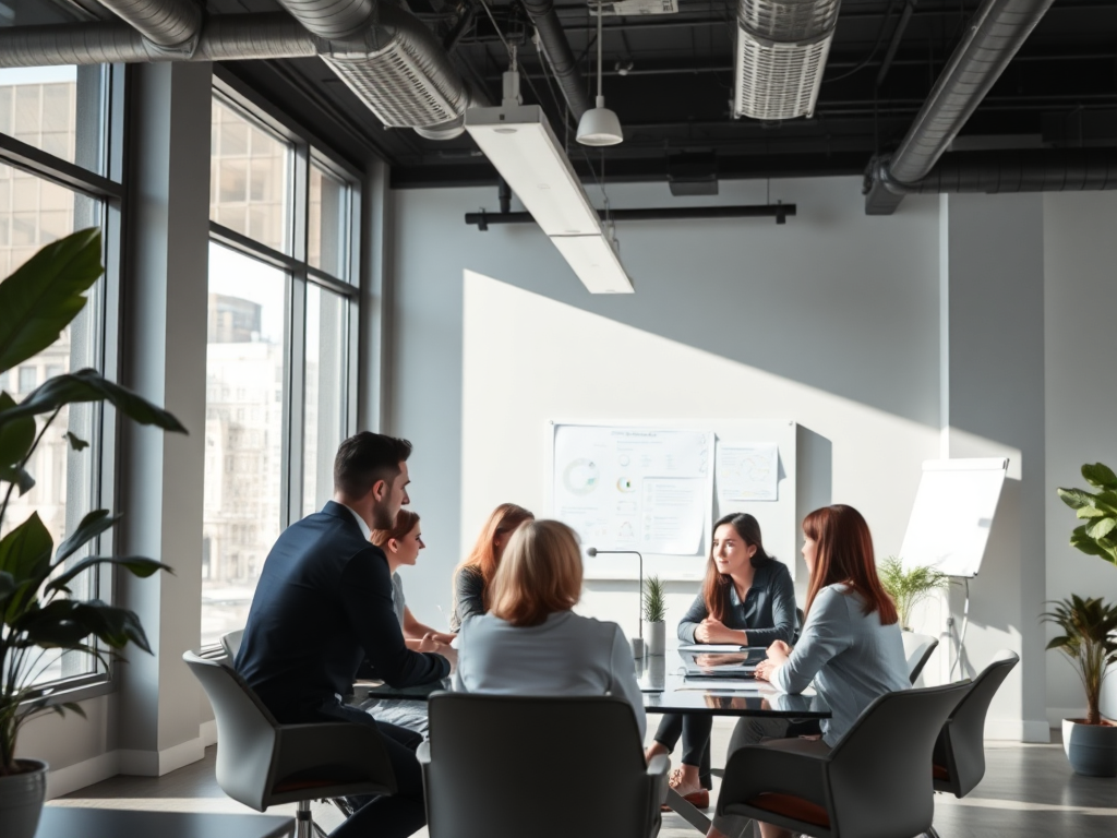 "a diverse group of professionals in a modern office" "engaged in a collaborative discussion around a glass table" "soft natural light streaming through large windows" "visible charts and diagrams on a whiteboard" "an atmosphere of focus and positive ener