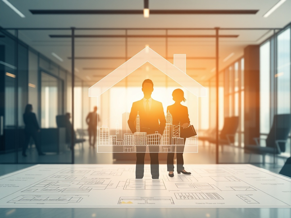 A crisp, businesslike scene showing three layered silhouettes—strategic, tactical, operational—emerging from a transparent architectural blueprint overlaid on a sleek office setting, warm lighting, subtle emphasis on structure and clarity.