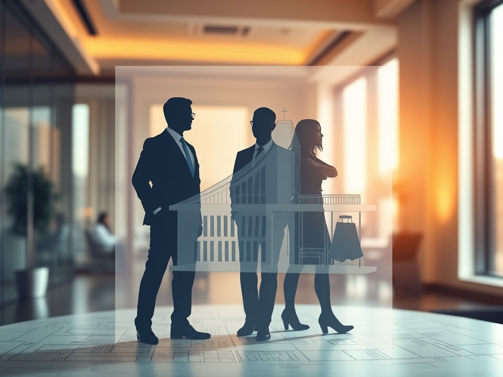A crisp, businesslike scene showing three layered silhouettes—strategic, tactical, operational—emerging from a transparent architectural blueprint overlaid on a sleek office setting, warm lighting, subtle emphasis on structure and clarity.