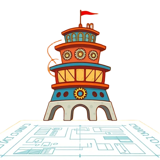 "Architectuur vóór interventie"—a layered, three-tiered tower symbolizing strategic, tactical, operational levels; each tier illustrated with gear-like connections, subtle arrows linking levels, warm corporate colors; foreground shows a sturdy bluepri