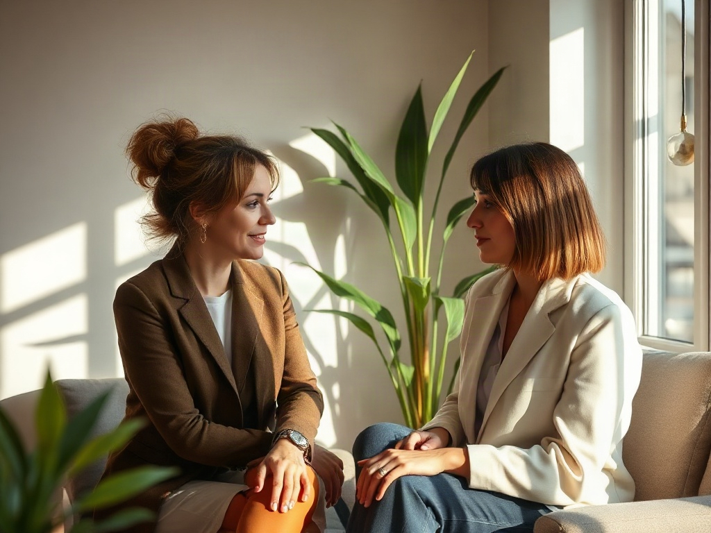 “Warm, thoughtful one-to-one coaching conversation” “Marieke listening attentively to an entrepreneur” “sunlit neutral studio” “subtle plants” “calm, confident atmosphere” “editorial photography” “no lettering”