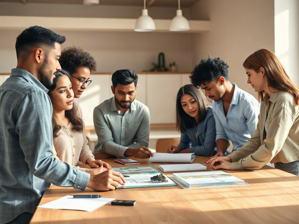 A "diverse team gathered in a bright, welcoming workspace", sharing ideas around a table with "future-focused sketches and small prototypes", warm natural light, candid expressions, collaborative atmosphere, subtle sense of innovation and purpose.