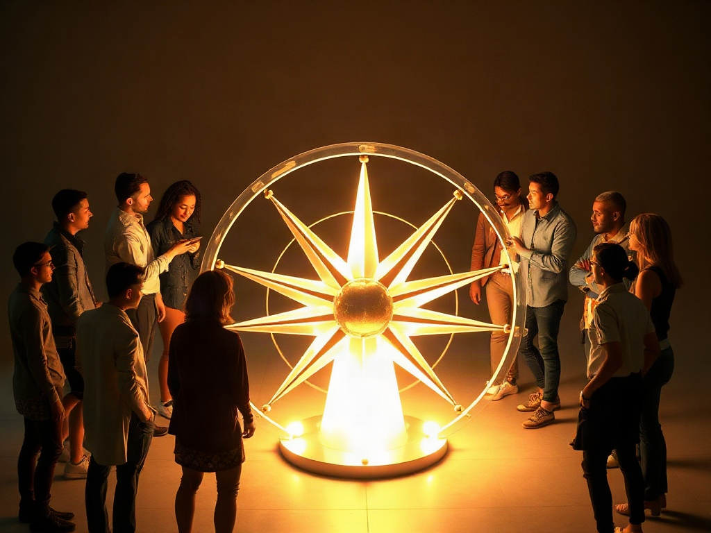 “A diverse team gathered around a glowing compass-like sculpture” “people shaping flowing pathways toward a hopeful horizon” “warm natural light, collaborative, future-focused, human-centered”