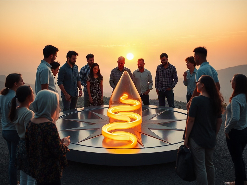 “A diverse team gathered around a glowing compass-like sculpture” “people shaping flowing pathways toward a hopeful horizon” “warm natural light, collaborative, future-focused, human-centered”