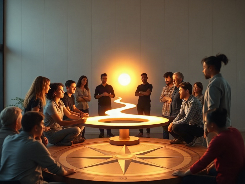 “A diverse team gathered around a glowing compass-like sculpture” “people shaping flowing pathways toward a hopeful horizon” “warm natural light, collaborative, future-focused, human-centered”
