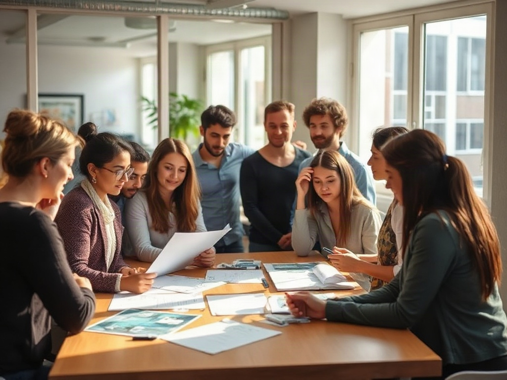 A "diverse team gathered in a bright, welcoming workspace", sharing ideas around a table with "future-focused sketches and small prototypes", warm natural light, candid expressions, collaborative atmosphere, subtle sense of innovation and purpose.