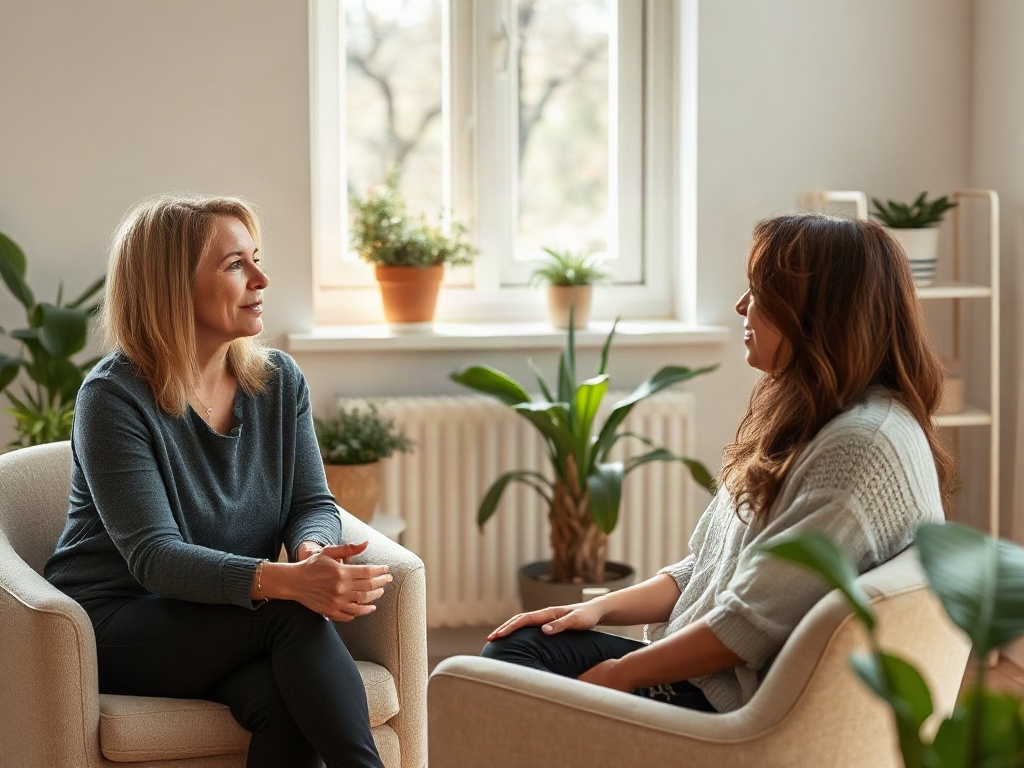 “Warm, thoughtful one-to-one coaching conversation” “Marieke listening attentively to an entrepreneur” “sunlit neutral studio” “subtle plants” “calm, confident atmosphere” “editorial photography” “no lettering”
