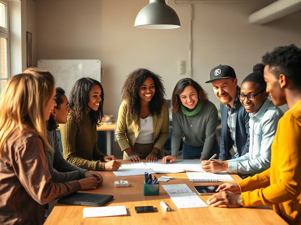 A "diverse team gathered in a bright, welcoming workspace", sharing ideas around a table with "future-focused sketches and small prototypes", warm natural light, candid expressions, collaborative atmosphere, subtle sense of innovation and purpose.