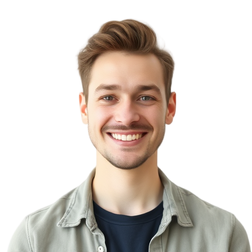 A person smiling to the camera with a white background looking like