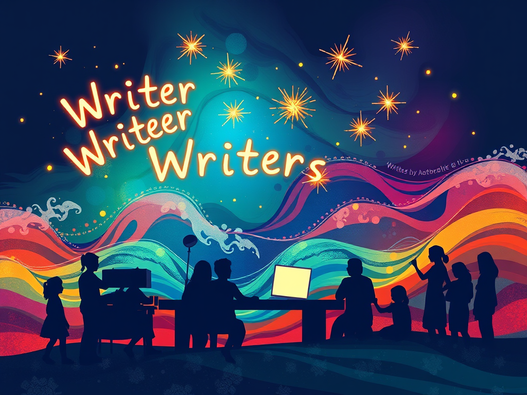 "a vibrant writer’s desk" surrounded by "floating glowing words," "fiery creative sparks," and "silhouettes of diverse people joyfully writing together," with a backdrop of "abstract colorful waves symbolizing freedom and growth."