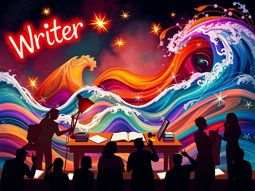 "a vibrant writer’s desk" surrounded by "floating glowing words," "fiery creative sparks," and "silhouettes of diverse people joyfully writing together," with a backdrop of "abstract colorful waves symbolizing freedom and growth."