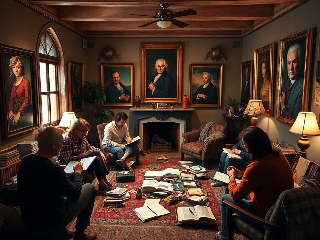 "a cozy writer's retreat room" with "open journals and scattered pens," "soft warm lighting," "paintings of famous artists on walls," "a diverse group sharing ideas," "creative chaos mixed with calm focus"