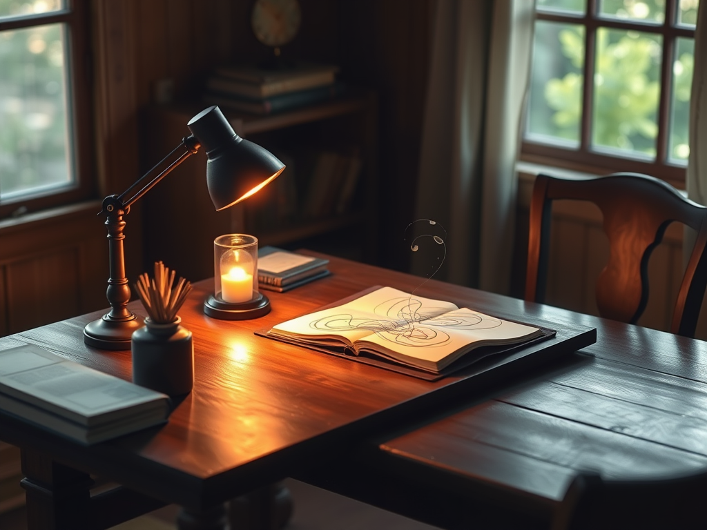 A serene writer at a wooden desk "soft glowing lamp" "open notebook with flowing ink lines turning into shapes" "gentle natural light through window" "calm, inspiring atmosphere"