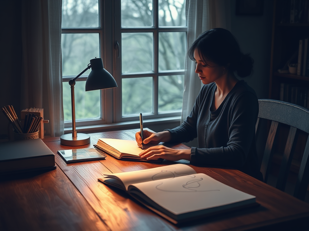 A serene writer at a wooden desk "soft glowing lamp" "open notebook with flowing ink lines turning into shapes" "gentle natural light through window" "calm, inspiring atmosphere"