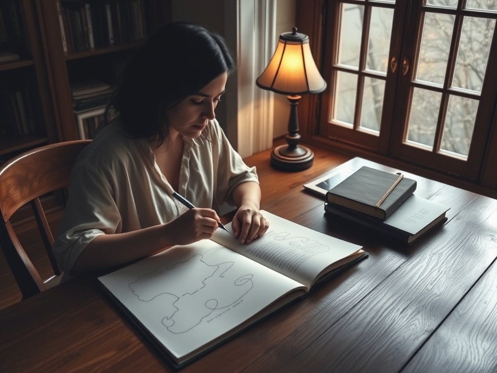 A serene writer at a wooden desk "soft glowing lamp" "open notebook with flowing ink lines turning into shapes" "gentle natural light through window" "calm, inspiring atmosphere"