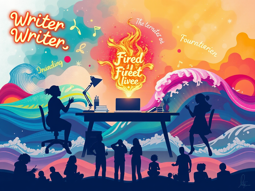 "a vibrant writer’s desk" surrounded by "floating glowing words," "fiery creative sparks," and "silhouettes of diverse people joyfully writing together," with a backdrop of "abstract colorful waves symbolizing freedom and growth."