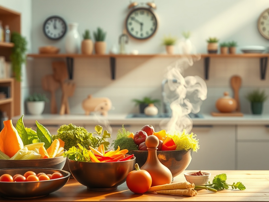 "A calm belly journey"—a serene kitchen scene with warm light, bowls of colorful vegetables, probiotic foods, a clock, and subtle steam, harmonious and inviting.
