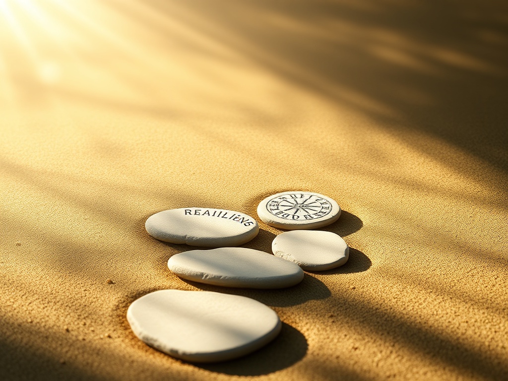 "Gentle, sunlit coaching space with four distinct, interconnected steps represented as stepping stones, each step depicting resilience, relationships, goals, and integration, coaching tools and a welcoming atmosphere."