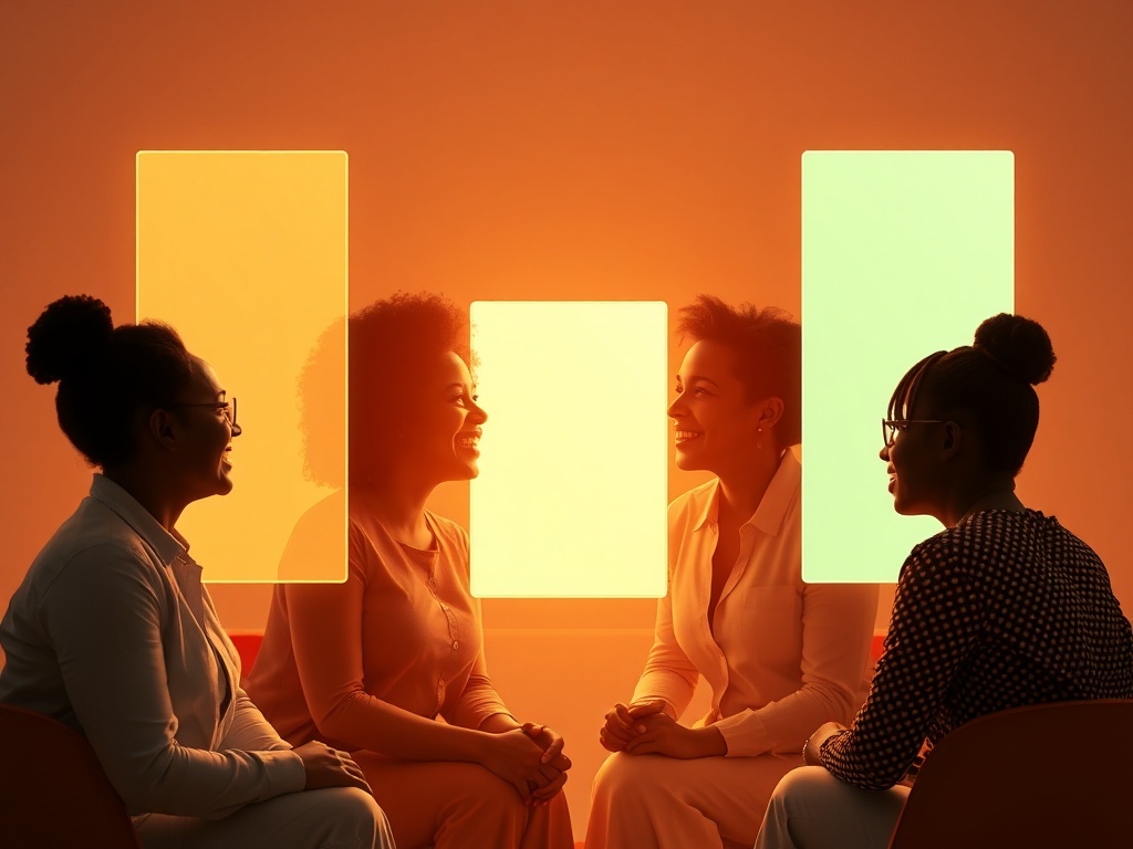 "A hopeful coach guiding diverse clients through four glowing panels—resilience, relationships, goals, integration—warm light, calm colors, subtle symbolism of growth, supportive community vibe."