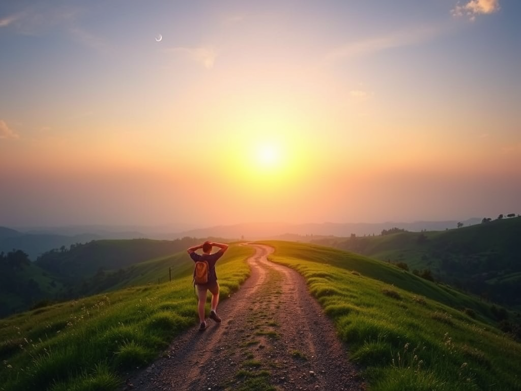 Een persoon wandelt op een pad tijdens zonsopgang.