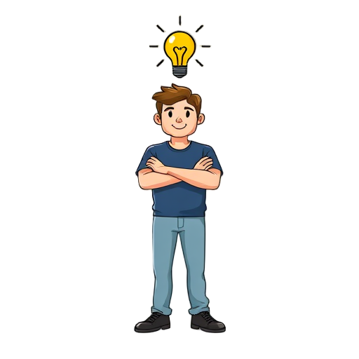 Een persoon met armen gekruist en een gloeilamp erboven.