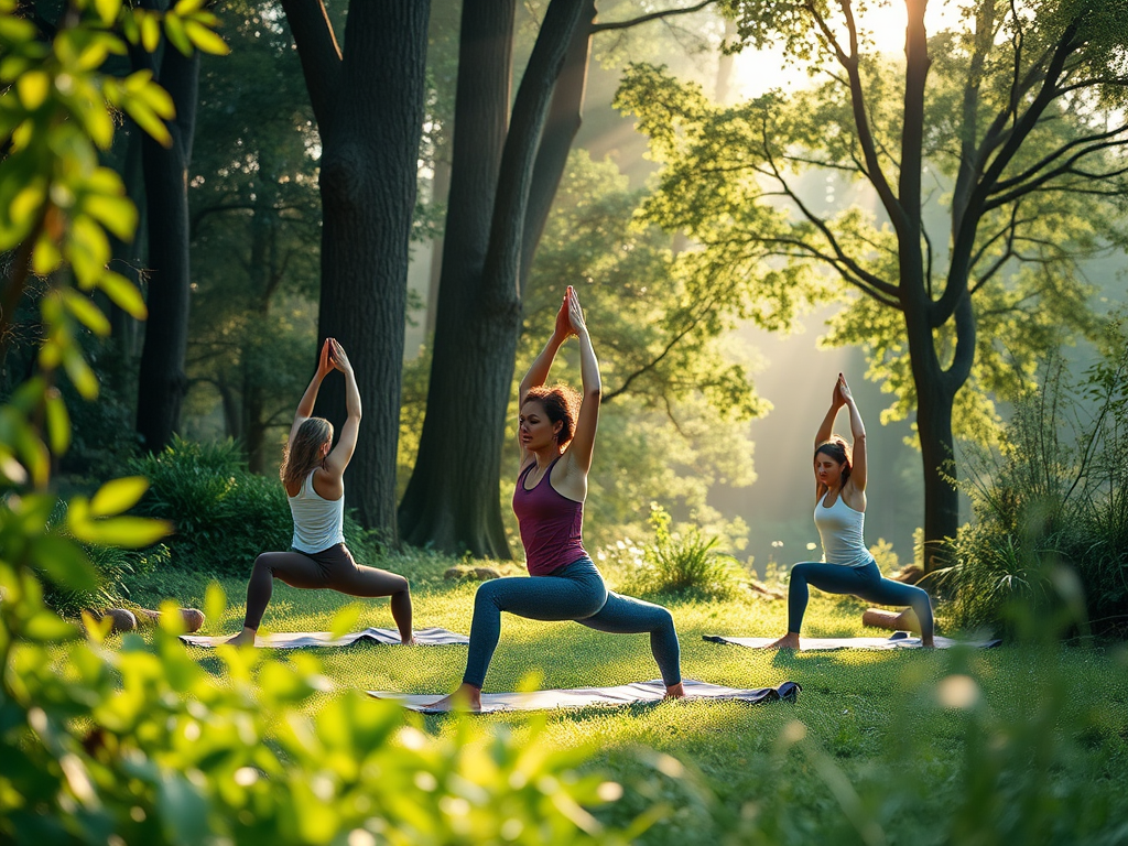 Vrouwen die yoga beoefenen in een groene omgeving.